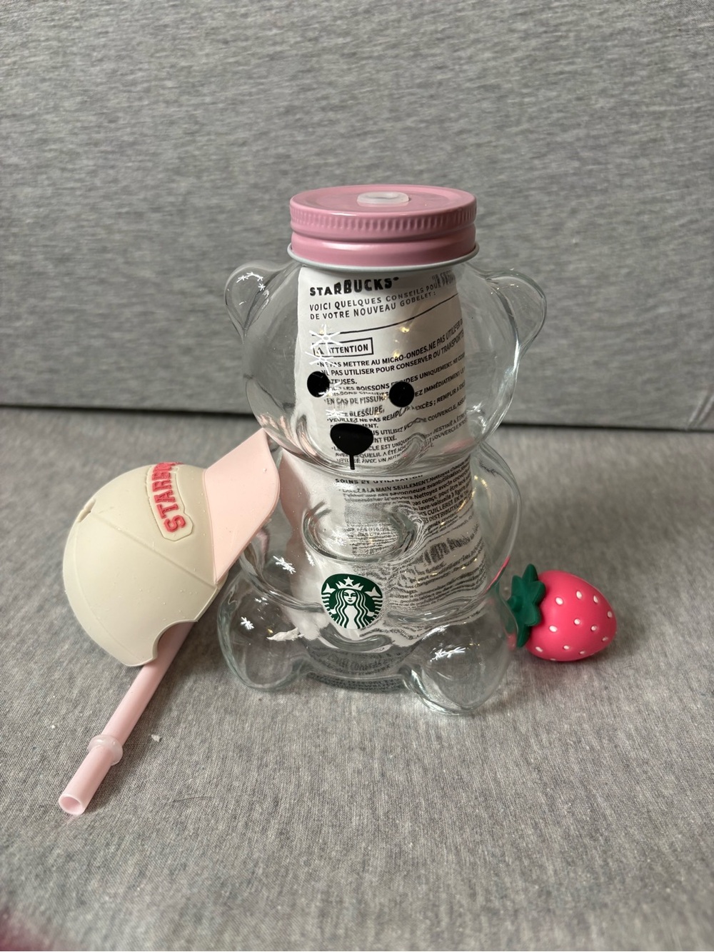 Starbucks Clear Bear Bottle with Pink Lid and Strawberry Accent